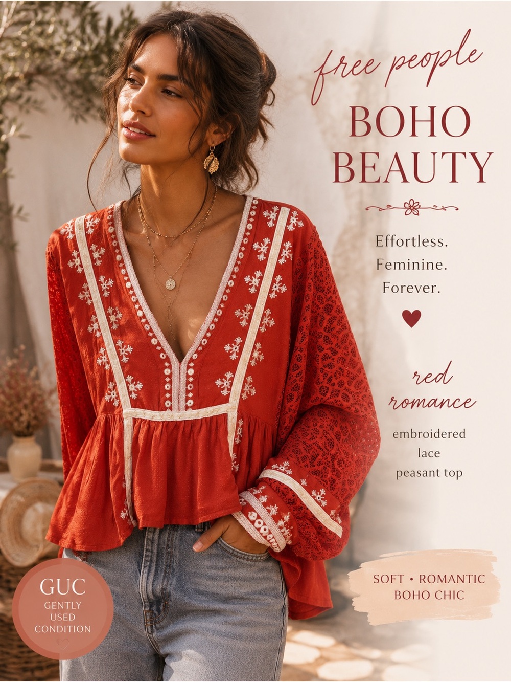 Free People Boho Embroidered Lace Peasant Top Retro  Cottagecore Blouse SZ M